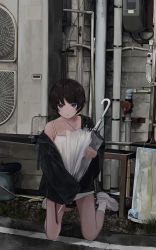Rule 34 | 1girl, absurdres, bad id, bad pixiv id, blue eyes, brown hair, camisole, commentary request, highres, holding, jacket, kneeling, looking at viewer, maoyasumisumi, no pants, original, outdoors, rain, shirt slip, short hair, solo, spaghetti strap, umbrella, wet