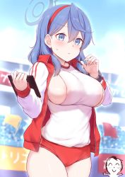 Rule 34 | 1girl, ahoge, ako (blue archive), areola slip, bleachers, blue archive, blue eyes, blue hair, blue sky, blush, breasts, buruma, cai geng, closed mouth, day, doodle sensei (blue archive), gym uniform, hair between eyes, hairband, halo, highres, holding, holding tablet pc, jacket, large breasts, long hair, long sleeves, outdoors, red buruma, sensei (blue archive), sky, solo, tablet pc, thighs, track jacket
