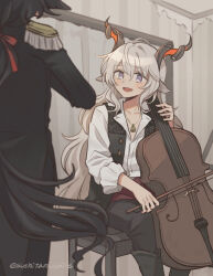 Rule 34 | 2boys, animal ears, arknights, black footwear, black hair, black jacket, black pants, blurry, blurry foreground, blush, boots, bow, bow (music), cello, commentary, curtains, ebenholz (arknights), epaulettes, facing away, feet out of frame, goat boy, goat ears, goat horns, hair bow, highres, holding, holding bow (music), horns, instrument, jacket, jewelry, kreide (arknights), long hair, long sleeves, looking at another, male focus, multiple boys, music, necklace, open mouth, pants, playing instrument, purple eyes, red bow, shirt, smile, stool, sushitarou, symbol-only commentary, tailcoat, very long hair, wallpaper (object), white hair, white shirt, window