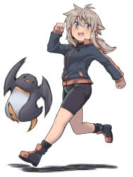 Rule 34 | 1girl, :d, animal, antenna hair, bike shorts, bird, black footwear, black jacket, black shorts, black socks, blush, boots, breasts, clenched hands, commentary request, green eyes, hair between eyes, hand up, hijikata-san (m.m), jacket, koshirae tsurugi (m.m), long hair, long sleeves, low ponytail, m.m, motion blur, open mouth, original, penguin, ponytail, running, shadow, shorts, simple background, sleeves past wrists, small breasts, smile, socks, teeth, upper teeth only, white background