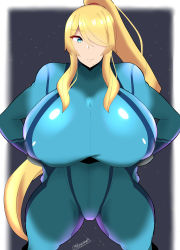 Rule 34 | 1girl, 46ayamahi, absurdres, artist name, blonde hair, blue bodysuit, blue eyes, bodysuit, breasts, breasts apart, cameltoe, collarbone, covered erect nipples, covered navel, female focus, from above, hair over one eye, hands on own hips, highres, huge breasts, legs apart, light particles, long hair, looking at viewer, metroid, mole, mole under mouth, nintendo, ponytail, puffy areolae, samus aran, shiny skin, skin tight, smile, solo, standing, star (symbol), starry background, taut clothes, thick thighs, thighs, very long hair