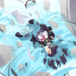 Rule 34 | 1girl, afloat, bodysuit, breasts, breasts apart, brown eyes, closed mouth, copyright request, elbow gloves, floating hair, gloves, grey pants, highres, holding, jacket, medium breasts, open clothes, open jacket, pants, purple hair, short sleeves, smile, solo, somehira katsu, upside-down, white gloves
