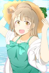 Rule 34 | 1girl, blush, brown eyes, cloud, feitonokesin, female focus, grey hair, hat, highres, long hair, looking at viewer, love live!, love live! school idol project, minami kotori, ocean, open mouth, outdoors, sky, smile, solo, standing, water