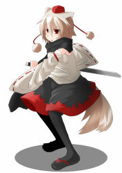 Rule 34 | 1girl, animal ears, bad id, bad pixiv id, female focus, fighting stance, geta, hat, inubashiri momiji, pantyhose, ready to draw, red eyes, sandals, scarf, solo, sword, tail, tokin hat, touhou, weapon, white hair, wk (low-f), wolf ears