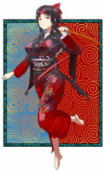 Rule 34 | 1girl, barefoot, black hair, black kimono, braid, breasts, floral print, full body, gradient clothes, gradient kimono, gt-apex, headband, highres, holding, holding sword, holding weapon, japanese clothes, kimono, large breasts, long hair, looking at viewer, obi, original, parted bangs, red eyes, red headband, red kimono, sash, sheath, smile, solo, standing, standing on one leg, sword, tiptoes, weapon