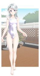 Rule 34 | 1girl, absurdres, alternate costume, asymmetrical bangs, barefoot, bench, blue sky, breasts, cameltoe, competition swimsuit, covered navel, day, full body, grey hair, highleg, highleg swimsuit, highres, kantai collection, long hair, one-piece swimsuit, outdoors, park bench, purple eyes, sagiri (kancolle), sky, small breasts, solo, standing, swept bangs, swimsuit, takafumi, white one-piece swimsuit