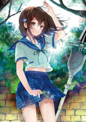 Rule 34 | 1girl, arm up, blue sailor collar, blue skirt, branch, brick wall, brown eyes, bush, closed mouth, contrapposto, highres, himeragi yukina, holding, holding branch, looking at viewer, manyako (mohumohu), medium hair, navel, official art, outdoors, plaid, plaid skirt, pleated skirt, polearm, saikai academy school uniform, sailor collar, school uniform, serafuku, shirt, skirt, solo, spear, strike the blood, tree, weapon, white shirt