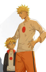 Rule 34 | 2boys, blonde hair, blue eyes, father and son, hand on another&#039;s head, hand on own hip, highres, jacket, looking at another, looking up, lowrain, male focus, multiple boys, naruto, naruto (series), aged up, headpat, short hair, smile, spoilers, uzumaki boruto, uzumaki naruto