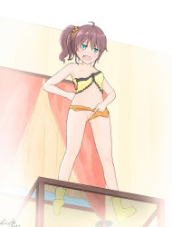 Rule 34 | 1girl, absurdres, bedroom, blue eyes, breasts, brown hair, cleft of venus, clothes pull, clothing aside, glass table, highres, hololive, natsuiro matsuri, nipples, no bra, peeing, pussy, pussy peek, shorts, shorts aside, shorts pull, small breasts, solo, standing, table, uncensored, virtual youtuber