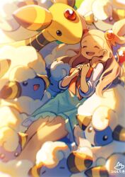 Rule 34 | 1girl, ampharos, closed eyes, commentary request, creatures (company), dated, dress, fluffy, game freak, gen 2 pokemon, hair bobbles, hair ornament, highres, horns, jasmine (pokemon), lanter qwq, light brown hair, lying, mareep, nintendo, open mouth, pokemon, pokemon (creature), pokemon hgss, sheep, smile, solid circle eyes