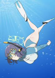 Rule 34 | 1girl, absurdres, aqua eyes, ass, bikini, bikini bottom only, blue archive, blue bikini, blue hair, breasts, closed mouth, commentary request, cropped jacket, diving, diving mask, flippers, goggles, halo, highres, jacket, large breasts, long sleeves, looking at viewer, official alternate costume, raglan sleeves, rash guard, saki (blue archive), saki (swimsuit) (blue archive), short hair, smile, solo, songjeong, swimsuit, underwater, white jacket, yellow halo