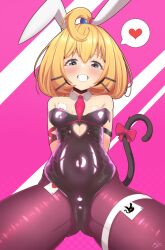 Rule 34 | 1girl, :d, ace (playing card), ace of hearts, ahoge, bare shoulders, between thighs, blonde hair, blush, bow, breasts, card, cat tail, cleavage cutout, clothing cutout, green eyes, hair between eyes, hair ornament, hairclip, heart, highleg, highleg leotard, highres, joker (playing card), leg strap, leotard, looking at viewer, millie parfait, mizmillificent, nijisanji, nijisanji en, open mouth, playboy bunny, playing card, rabbit ears, rabbit hole (vocaloid), ribbon, signature, small breasts, smile, solo, solo focus, tail, teeth, thick thighs, thighs, tie clip, two-tone background, virtual youtuber