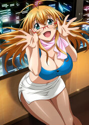 Rule 34 | 1girl, :d, antenna hair, blonde hair, blue bra, bra, breasts, city lights, cleavage, earrings, fang, floating hair, glasses, green eyes, hair between eyes, ikkitousen, jewelry, large breasts, long hair, looking at viewer, magatama, magatama earrings, midriff, miniskirt, navel, open mouth, outstretched hand, pantyhose, pencil skirt, red-framed eyewear, shiny clothes, shiny legwear, side slit, sitting, skirt, smile, solo, sonsaku hakufu, stomach, straight hair, underwear, white skirt