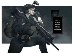 Rule 34 | 1girl, backpack, bag, black jacket, bulletproof vest, combat helmet, ear protection, gloves, green gloves, grey hair, gun, headphones, headset, helmet, highres, holding, holding gun, holding weapon, jacket, long sleeves, magazine (weapon), maxturbo69, mexican flag, mexican flag print, military, muscular, muscular female, night vision device, open clothes, open jacket, open mouth, original, pants, rifle, scope, short hair, simple background, skin tight, smoke, sniper rifle, speech bubble, tactical clothes, teeth, upper teeth only, weapon