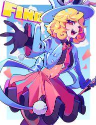 Rule 34 | 1girl, absurdres, animal ears, back bow, black gloves, blonde hair, blue bow, blue hat, blue jacket, blue sky, border, bow, character name, cloud, dress, finii (omega strikers), frilled dress, frills, gloves, halftone, hat, heart, highres, holding, holding staff, jacket, looking at viewer, omega strikers, one eye closed, open mouth, outstretched arm, pink dress, pink ribbon, rabbit ears, red eyes, ribbon, short hair, sky, smile, solo, staff, teeth, toa 0908, top hat, white border