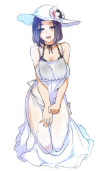 Rule 34 | 10s, 1girl, :d, alternate costume, bikini, bikini under clothes, black bikini, blue eyes, blue hair, blush, breasts, collarbone, commentary request, dress, hat, kantai collection, large breasts, looking at viewer, open mouth, see-through, short hair, simple background, smile, solo, sun hat, sundress, swimsuit, tatsuta (kancolle), teeth, tsukinami kousuke, twitter username, white background, white dress, white hat