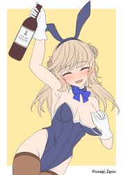 Rule 34 | 1girl, animal ears, bell shireikan, blonde hair, blue bow, blue bowtie, blue leotard, blush, bottle, bow, bowtie, breasts, brown thighhighs, convenient censoring, cowboy shot, detached collar, detached sleeves, double bun, drunk, eyebrows hidden by hair, flat color, gloves, hair bun, highres, kantai collection, large breasts, leotard, long hair, nose blush, one-hour drawing challenge, playboy bunny, rabbit ears, ranger (kancolle), solo, strapless, strapless leotard, thighhighs, twitter username, two-tone background, white gloves, wine bottle, yellow background