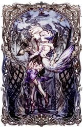 Rule 34 | 1boy, 1girl, arm around waist, armor, armored boots, bare shoulders, blonde hair, boots, breasts, building, closed mouth, collarbone, english text, face-to-face, full body, gwendolyn (odin sphere), head wings, high heels, holding hands, k (sktchblg), leg wings, light smile, low wings, medium breasts, odin sphere, oswald, parted lips, profile, pteruges, revision, sabatons, short hair, standing, tiara, wings