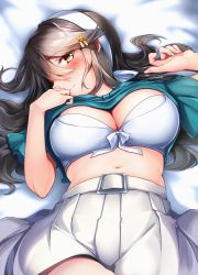 Rule 34 | 1girl, belt, black hair, bow, bow bra, bra, clothes lift, embarrassed, green eyes, hair ornament, hair over one eye, hairband, hairclip, haruna (kancolle), highres, kantai collection, long hair, looking at viewer, navel, on bed, pantyhose, pleated skirt, shirt lift, skirt, tsukui kachou, underwear, white bra, white skirt