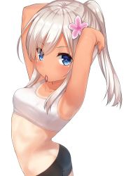 Rule 34 | 1girl, absurdres, adjusting hair, alternate costume, alternate hairstyle, arched back, armpits, ass, bad anatomy, bike shorts, black shorts, blonde hair, blue eyes, bra, collarbone, flower, go-1, hair flower, hair ornament, hair tie, highres, kantai collection, long hair, mouth hold, one-piece tan, pink flower, ponytail, ro-500 (kancolle), shorts, simple background, solo, sports bra, tan, tanline, underwear, white background, white bra