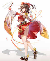 Rule 34 | 1girl, absurdres, adapted costume, alucard pie, ass, bare legs, belt, black footwear, bow, breasts, brown belt, brown hair, chinese commentary, closed mouth, commentary, crop top, dancing, detached sleeves, expressionless, full body, gohei, hair bow, hair tubes, hakurei reimu, highres, holding, huge filesize, looking at viewer, looking back, mary janes, medium breasts, medium hair, midriff, nontraditional miko, ofuda, panties, pantyshot, ponytail, purple eyes, red bow, red skirt, shadow, shoes, sidelocks, simple background, skirt, socks, solo, standing, thighs, touhou, twisted torso, underwear, white background, white panties, white socks, wind, wind lift, yin yang