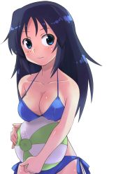 Rule 34 | 10s, 1girl, ball, beachball, bikini, blue bikini, blue eyes, blue hair, breasts, cleavage, closed mouth, commentary request, freckles, girls und panzer, holding, holding ball, holding beachball, light smile, long hair, looking at viewer, medium breasts, osamada meika, side-tie bikini bottom, simple background, solo, standing, swimsuit, upper body, white background, yamagou ayumi