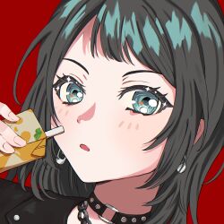Rule 34 | 1girl, bang dream!, bang dream! it&#039;s mygo!!!!!, black hair, black jacket, blue eyes, chain, chain necklace, collar, commentary, earrings, hand up, highres, holding, jacket, jewelry, juice box, long hair, looking at viewer, necklace, nisaka (nini2plus), parted lips, portrait, red background, simple background, solo, yahata umiri