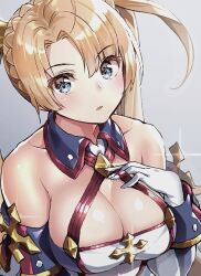 Rule 34 | 1girl, bare shoulders, blonde hair, blue eyes, bradamante (fate), bradamante (first ascension) (fate), braid, breasts, crown braid, detached collar, elbow gloves, fate/grand order, fate (series), french braid, gloves, large breasts, long hair, looking at viewer, meme, solo, suishougensou, twintails, twitter rabbit ears (meme), white gloves