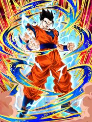 Rule 34 | aura, black eyes, black hair, dokkan battle, dragon ball, energy, lightning, muscular, muscular male, official art, potential unleashed, powering up, screaming, son gohan, spiked hair, tagme, ultimate gohan