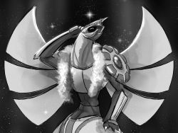 Rule 34 | claws, closed eyes, commentary, creature, creatures (company), english commentary, game freak, gen 4 pokemon, greyscale, highres, legendary pokemon, monochrome, nintendo, no humans, palkia, pokemon, pokemon (creature), solo, tapwing, wings