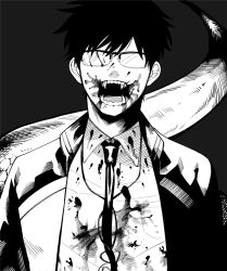 Rule 34 | 1boy, ayum k, black background, blood, blood on clothes, blood on face, blood splatter, collared shirt, facing viewer, fangs, glasses, greyscale, highres, jacket, kagami hajime, long sleeves, male focus, monochrome, necktie, no eyes, open mouth, oshite dame nara oshitemiro!, shirt, short hair, simple background, snake boy, snake tail, solo, tail, upper body