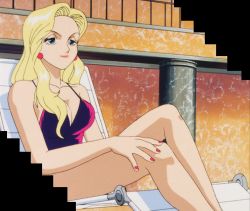 Rule 34 | 1girl, bare legs, black one-piece swimsuit, breasts, cleavage, earrings, highres, jewelry, large breasts, long hair, looking to the side, marilyn (red baron), nail polish, one-piece swimsuit, red baron (anime), screencap, sitting, smile, swimsuit, third-party edit, very long hair