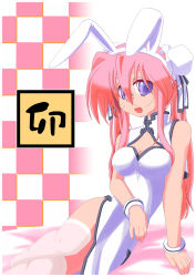 Rule 34 | 00s, animal ears, bracelet, bun cover, china dress, chinese clothes, cleavage cutout, clothing cutout, double bun, dress, glasses, jewelry, long hair, lucky star, pink hair, purple eyes, rabbit ears, solo, suzuuchi yayoi, takara miyuki, thighhighs, twintails