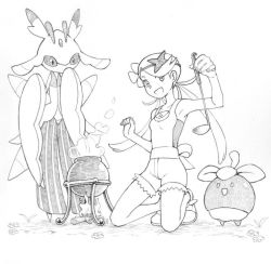 Rule 34 | 1girl, :d, antennae, armpits, bonfire, bounsweet, breasts, collarbone, cooking, creatures (company), fingernails, fire, flower, full body, game freak, gen 7 pokemon, grass, greyscale, hair flower, hair ornament, headband, holding, kneeling, ladle, long hair, lurantis, mallow (pokemon), monochrome, nintendo, nutkingcall, open mouth, orchid mantis, overalls, pokemon, pokemon (creature), pokemon sm, pouch, praying mantis, shoes, simple background, small breasts, smile, smoke, suspenders, swept bangs, trial captain, twintails, white background