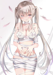 Rule 34 | :q, bandages, bare shoulders, blue eyes, blush, bow, bow bra, bra, breasts, brown hair, cleavage, closed mouth, commentary request, cowboy shot, feathers, gradient background, grey background, groin, hair over one eye, heterochromia, long hair, medium breasts, navel, original, pon (ponidrop), purple eyes, scar, sidelocks, smile, solo, standing, strap slip, tongue, tongue out, twintails, underwear, very long hair, white background, white bra