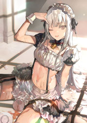 Rule 34 | 1girl, ;p, accident, apron, arm up, bell, black skirt, breasts, crop top, cup, detached collar, frilled skirt, frills, garter straps, grey eyes, highres, long hair, looking at viewer, maid, maid apron, maid headdress, medium breasts, midriff, miniskirt, navel, nozaki tsubata, one eye closed, original, revealing clothes, shirt, short sleeves, sitting, skirt, smile, solo, stomach, suspenders, teacup, tehepero, thighs, tongue, tongue out, very long hair, waist apron, wariza, wet, white hair, white shirt, wrist cuffs