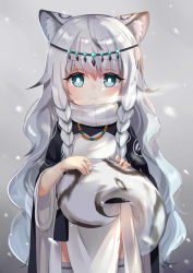 Rule 34 | 1girl, aged down, animal ear fluff, animal ears, arknights, blush, braid, closed mouth, commentary, dress, green eyes, head chain, ikazu401, jewelry, leopard ears, leopard girl, leopard tail, long hair, long sleeves, looking at viewer, necklace, pramanix (arknights), side braids, silver hair, solo, tail, tail raised, turtleneck, turtleneck dress, twin braids, very long hair, white dress, wide sleeves