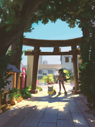 Rule 34 | 1girl, architecture, black hair, blue eyes, blue hair, blue sky, building, bush, closed mouth, creatures (company), dappled sunlight, dark-skinned female, dark skin, day, distant, earrings, eyebrows, fence, full body, game freak, gen 8 pokemon, gym leader, highres, holding, holding poke ball, hoop earrings, jewelry, long hair, looking at viewer, multicolored hair, nature, nessa (pokemon), nintendo, outdoors, plant, poke ball, pokemon, pokemon (creature), pokemon swsh, sandals, scenery, shade, sky, snatti, standing, sunlight, swimsuit, torii, tree, yamper