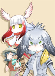Rule 34 | 10s, 4girls, aqua hair, black hair, blunt bangs, breasts, bucket hat, closed eyes, commentary request, feather trim, flying, gloves, green eyes, grey shirt, hands in pockets, hat, hat feather, head wings, highres, hood, hoodie, japanese crested ibis (kemono friends), kaban (kemono friends), kemono friends, long sleeves, medium breasts, mizuki hitoshi, multicolored hair, multiple girls, necktie, open mouth, pantyhose, red hair, shirt, shoebill (kemono friends), shorts, sidelocks, small breasts, smile, sweatdrop, t-shirt, translation request, tsuchinoko (youkai watch), two-tone hair, v-shaped eyebrows, white hair, wide sleeves, wings, yellow eyes