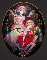 Rule 34 | 2girls, ascot, blonde hair, blue hair, brooch, collared shirt, commentary, crystal, cup, demon wings, fangs, flandre scarlet, flower, frilled shirt collar, frilled skirt, frills, full body, glowing, hair between eyes, hat, hat ribbon, high heels, highres, holding, holding cup, holding saucer, jewelry, leaf, looking at viewer, m/g, mary janes, medium hair, mob cap, multiple girls, one side up, open mouth, pink headwear, pink shirt, pink skirt, puffy short sleeves, puffy sleeves, red eyes, red flower, red footwear, red ribbon, red rose, red skirt, red vest, remilia scarlet, ribbon, rose, saucer, shirt, shoes, short hair, short sleeves, siblings, sisters, skirt, skirt set, slit pupils, smile, socks, steam, teacup, teeth, tongue, touhou, upper teeth only, vest, white ascot, white headwear, white shirt, white socks, wings, wrist cuffs, yellow ascot
