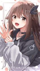 Rule 34 | 1girl, :d, absurdres, brown eyes, brown hair, choker, collarbone, fang, hair between eyes, hair flaps, hair ornament, highres, hololive, hood, hoodie, long hair, looking at viewer, o-ring, o-ring choker, official alternate costume, open mouth, oversized clothes, patterned background, sidelocks, skin fang, smile, star (symbol), star hair ornament, tokino sora, tokino sora (streetwear), two-tone hoodie, u da desu, virtual youtuber