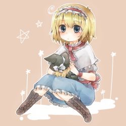 Rule 34 | 1girl, :&lt;, alice margatroid, bad id, bad pixiv id, blonde hair, blue eyes, boots, bow, capelet, character doll, cross-laced footwear, doll, dress, f ugiiii, female focus, hairband, hat, kirisame marisa, lace-up boots, ribbon, sitting, solo, touhou, witch, witch hat