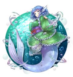 Rule 34 | 1girl, air bubble, blue eyes, blue hair, breasts, bubble, ciliegio (kodomo do), fins, frills, full body, head fins, highres, japanese clothes, kimono, looking at viewer, matching hair/eyes, mermaid, monster girl, obi, ototobe, sash, simple background, sleeves past wrists, solo, touhou, wakasagihime, water, white background, wide sleeves