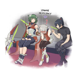 Rule 34 | 1boy, 1girl, 1other, androgynous, animal ears, arm guards, arrow (projectile), arrow in body, black hair, bleeding, blood, blush, boots, bow (weapon), cat ears, clothing cutout, covering face, eating, fikkyun, gameplay mechanics, green hair, grey hair, highres, juniper (xenoblade), mio (xenoblade), navel cutout, noah (xenoblade), official alternate costume, pantyhose, potato, sitting, skirt, weapon, xenoblade chronicles (series), xenoblade chronicles 3