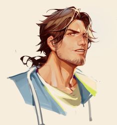 Rule 34 | 1boy, alternate costume, belmond banderas, brown background, brown eyes, brown hair, collarbone, commentary request, facial hair, forehead, henrryxv, highres, long hair, looking at viewer, low ponytail, male focus, nijisanji, one eye closed, parted lips, ponytail, portrait, shirt, simple background, solo, stethoscope, stubble, thick eyebrows, virtual youtuber, white shirt