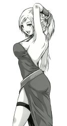 Rule 34 | 1girl, arm behind head, armpits, ass, breasts, dress, fatal fury, fingerless gloves, garou: mark of the wolves, gloves, highres, jenet behrn, large breasts, legs, long hair, looking at viewer, looking back, monochrome, open mouth, sideboob, smile, snk, thighs