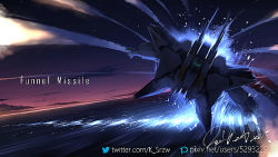 Rule 34 | cloud, cloudy sky, commentary request, english text, flying, funnels (gundam), glowing, glowing eyes, green eyes, gundam, gundam hathaway&#039;s flash, mecha, missile, mobile suit, night, night sky, no humans, ocean, pixiv id, pixiv logo, robot, science fiction, serike w, signature, sky, star (sky), starry sky, twitter logo, twitter username, v-fin, weapon name, xi gundam
