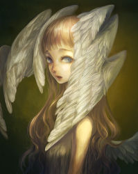 Rule 34 | 1girl, animal ears, blonde hair, blue eyes, blunt bangs, dress, eyelashes, from side, head wings, highres, long hair, looking at viewer, maikama, multiple wings, open mouth, original, parted lips, sleeveless, sleeveless dress, solo, upper body, white dress, white wings, wing ears, wings