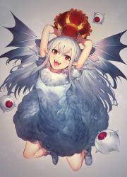 Rule 34 | 1girl, absurdres, bat wings, commentary, crown, dress, fangs, disembodied eye, full body, fur trim, grey background, highres, holding, holding crown, jumping, long hair, looking up, open mouth, original, pointy ears, red eyes, sharp teeth, shoes, short sleeves, simple background, solo, takeno (hashi falcon), teeth, very long hair, white dress, white footwear, white hair, wings