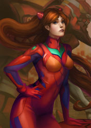 Rule 34 | 1girl, arm support, blue eyes, bodysuit, brown hair, contrapposto, cowboy shot, eva 02, floating hair, from side, gloves, hand on own hip, headgear, lips, long hair, looking at viewer, mecha, neon genesis evangelion, orange hair, parted lips, pilot suit, plugsuit, robot, solo, souryuu asuka langley, standing, turtleneck, very long hair, weijic